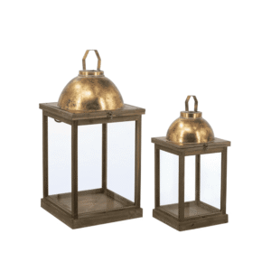 S/2 Brown Wooden Lanterns With Clear Glass Panels And Gold Metal Dome Accents