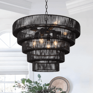 Caytlen 8-Light Dimmable Hand-Woven Rattan Tiered Chandelier